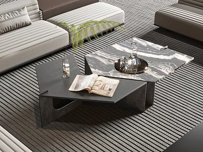Modern Living Room With Stylish Coffee Table Marble Top Tray Magazine And Glass 3d model