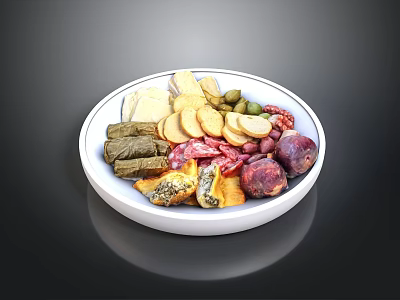 Delicious Charcuterie Platter With Olives Pickles Cheese Crackers And Sausages 3d model