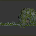 Cartoon Scene With Stone Cave Green Vines Arched Gate Green Ground And Stone Platform