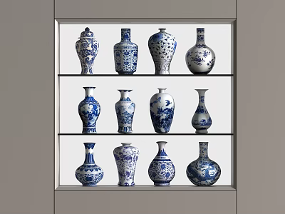 Blue and White Floral Vases with Various Designs Displayed on Shelves 3d model