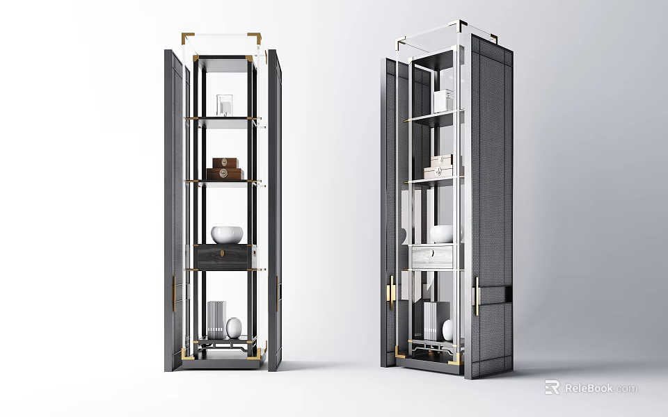 Elegant Modern Storage Display Cabinet With Glass Doors Metal Frame And Shelves 3d model 