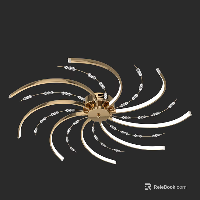 Modern Elegant Gold Ceiling Light With Crystal Decorations And Curved Spiral Design 3d model 