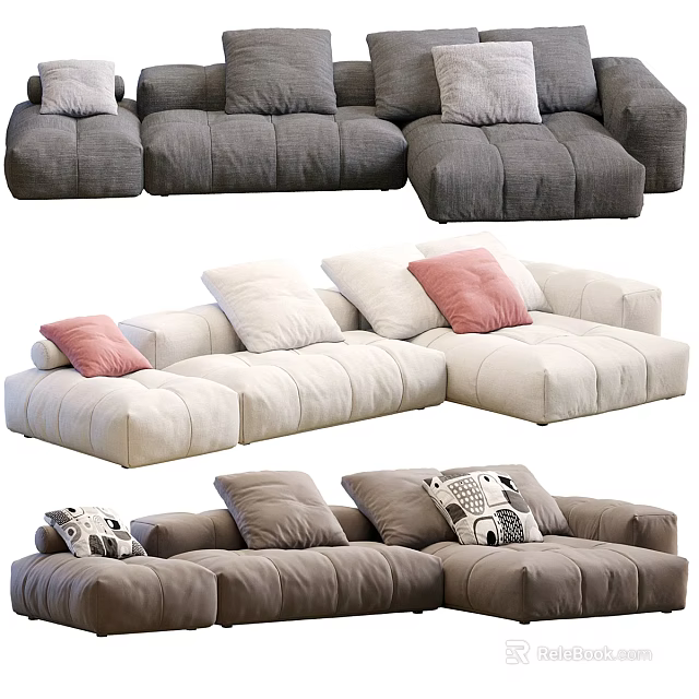 Modern Cozy Sectional Sofa Design With Neutral Tones Plush Fabric And Decorative Pillows 3d model 