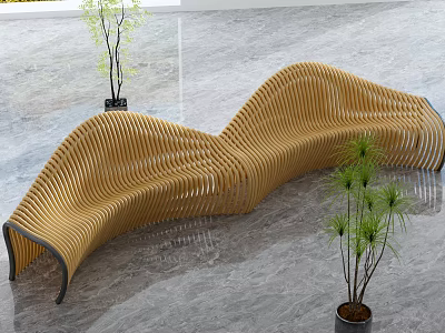 Wooden Outdoor Chair with Modern Wavy Design and Surrounding Green Plants 3d model