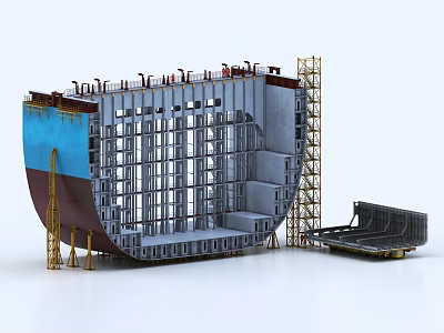 Ship Under Construction With Steel Hull Frame Scaffolding And Metal Structure 3d model