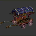 Vintage Wooden Wagon With Blue Striped Canvas Cover And Decorative Wooden Wheels