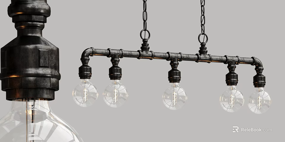 Industrial Chandelier With Black Metal Pipe Frame And Clear Glass Edison Bulbs 3d model 