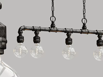 Industrial Chandelier With Black Metal Pipe Frame And Clear Glass Edison Bulbs 3d model