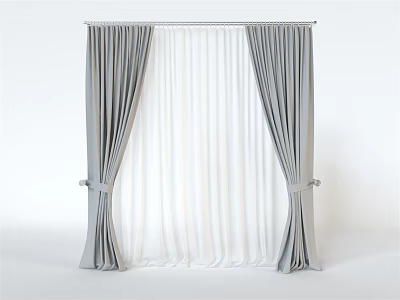 Gray and White Double Layer Curtains with Sheer Inner and Solid Outer Panels and Tiebacks 3d model