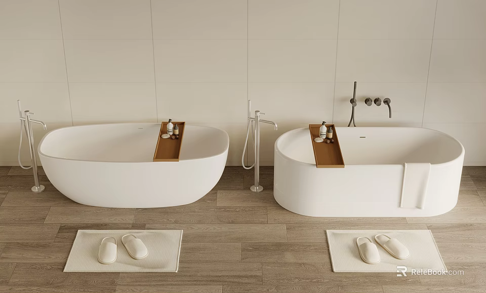 White Freestanding Bathtubs with Wooden Trays Slippers on Mats Light Tiled Walls Wooden Flooring 3d model 