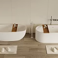 White Freestanding Bathtubs with Wooden Trays Slippers on Mats Light Tiled Walls Wooden Flooring