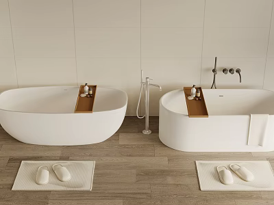 White Freestanding Bathtubs with Wooden Trays Slippers on Mats Light Tiled Walls Wooden Flooring 3d model