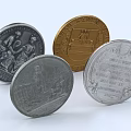 Decorative Ornaments Set With Silver Gold Coins Featuring Architecture Portraits And Inscriptions