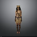 Woman In Tribal Inspired Costume With Fringe Skirt Headpiece Arm Cuffs And Tall Boots