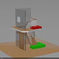 Modern Architectural Model Structure With Wooden Staircase Railing Red Mat And Green Block