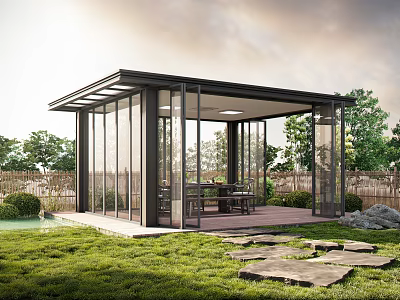 Garden Featuring Glass Roofed Pavilion Lush Grass Lawn Stone Pathway And Trees 3d model