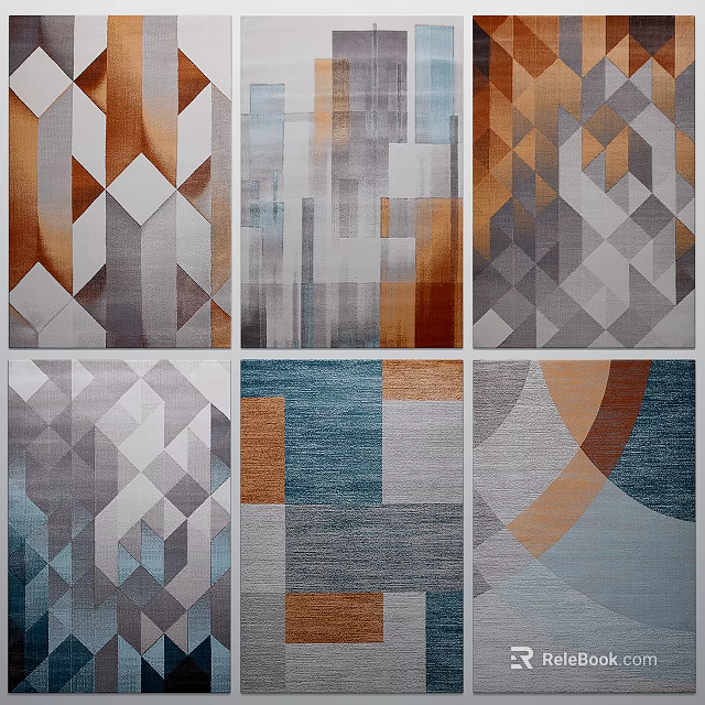 Modern Square Carpets With Geometric Patterns In Brown Grey Blue And Orange Tones 3d model