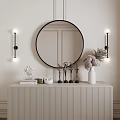 Elegant Console Table and Side Cabinet with Round Mirror Wall Sconces Decorative Vase and Trophies