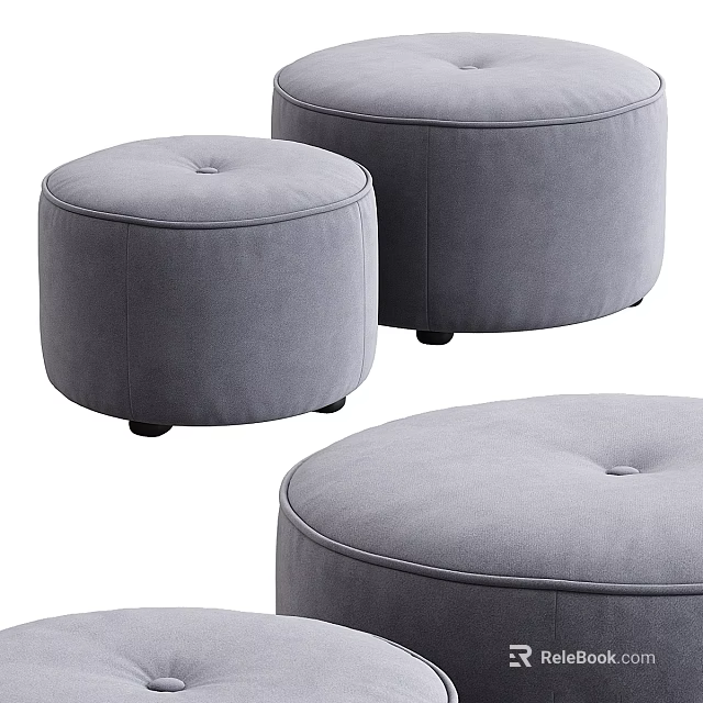 Round Gray Upholstered Ottoman With Button Tufted Design And Small Legs 3d model 