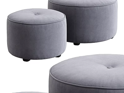 Round Gray Upholstered Ottoman With Button Tufted Design And Small Legs 3d model