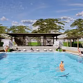Outdoor Pergola By Swimming Pool With Loungers Trees And People Relaxing