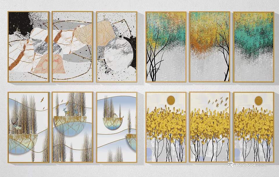 Modern Abstract Paintings With Golden Frames Colorful Tree And Geometric Designs 3d model 