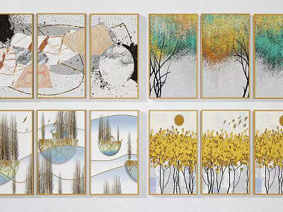 Modern Abstract Paintings With Golden Frames Colorful Tree And Geometric Designs 3d model