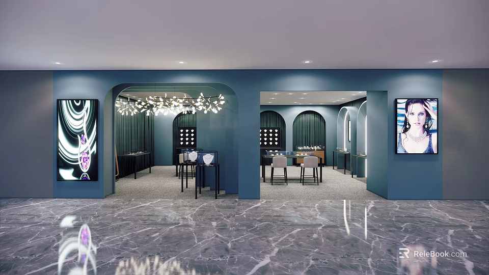 Elegant Teal Jewelry Store Interior With Crystal Chandelier Glass Displays And Marble Flooring 3d model 
