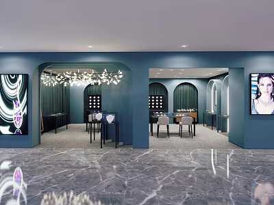 Elegant Teal Jewelry Store Interior With Crystal Chandelier Glass Displays And Marble Flooring 3d model