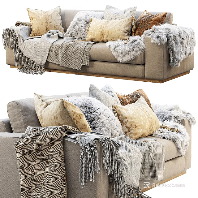 Cozy Two Seater Sofa With Plush Pillows Fur Blankets And Fringed Details 3d model 