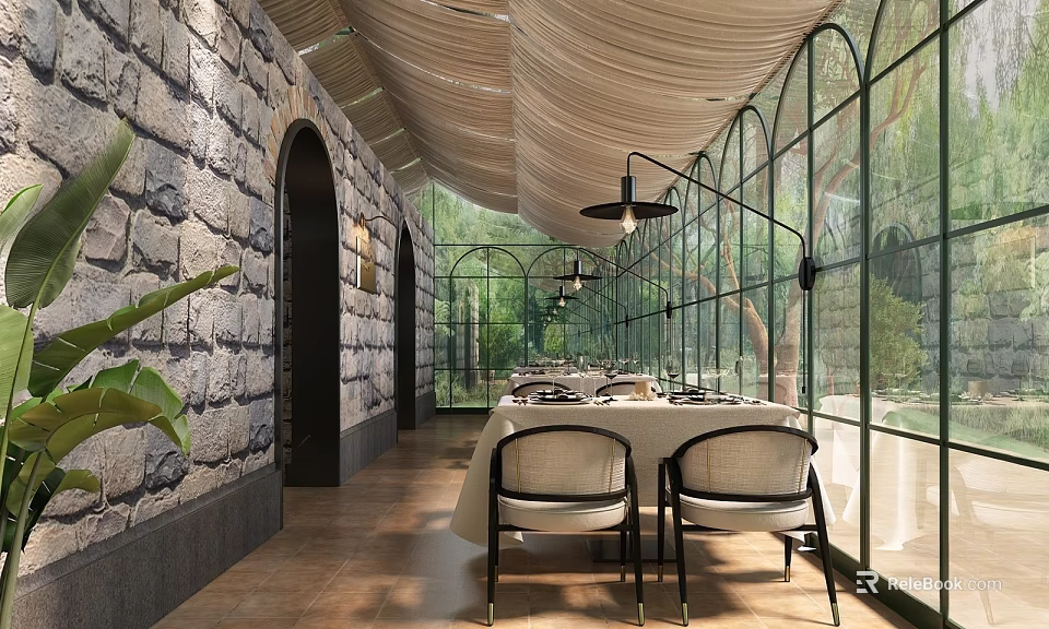 Restaurant With Glass Walls Stone Walls Natural View And Cozy Dining Tables Chairs 3d model 