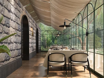 Restaurant With Glass Walls Stone Walls Natural View And Cozy Dining Tables Chairs 3d model