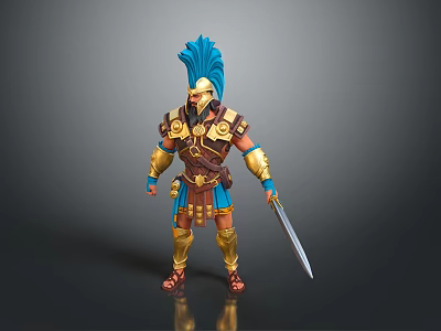 A Man Wearing Golden Armor With Blue Feathered Headpiece Holding Sword 3d model