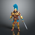 A Man Wearing Golden Armor With Blue Feathered Headpiece Holding Sword