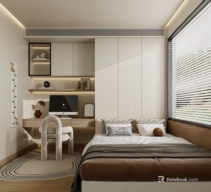 Modern Tatami Bedroom With Desk Chair Window Blinds And Storage Cabinets 3d model 