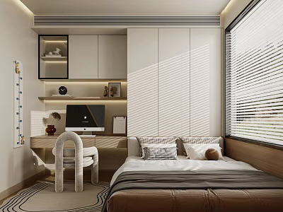 Modern Tatami Bedroom With Desk Chair Window Blinds And Storage Cabinets 3d model