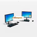 Two Desktop Computer Monitors With Blue Screens Keyboard And Mouse Setup 3d model