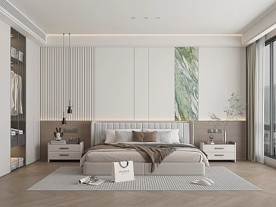 Modern Bedroom Interior Design With Bed Nightstands Wall Art Wardrobe Rug And Natural Light 3d model