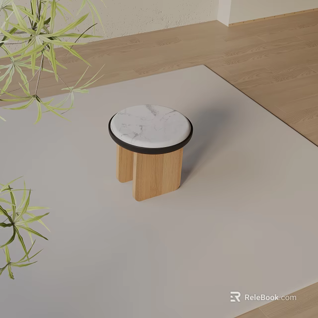Round Marble Top Side Table With Wooden Base And Green Plants On Light Rug 3d model 