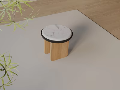 Round Marble Top Side Table With Wooden Base And Green Plants On Light Rug 3d model