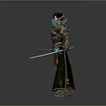 Game Movie Character In Brown Gold Mechanical Armor With Blue Glowing Elements And Dual Swords