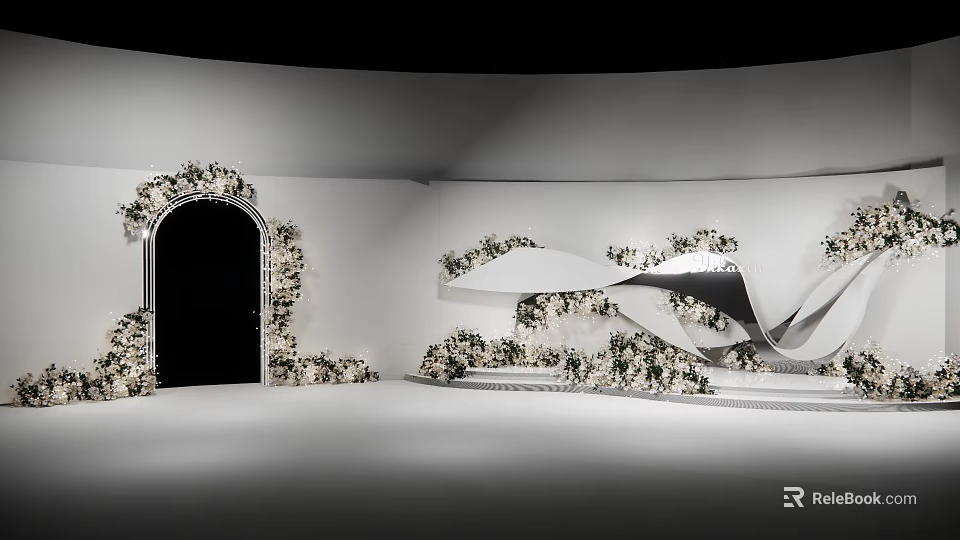 Elegant White Space Design With Arched Doorway And Curved Floral Decorations 3d model 