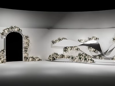 Elegant White Space Design With Arched Doorway And Curved Floral Decorations 3d model
