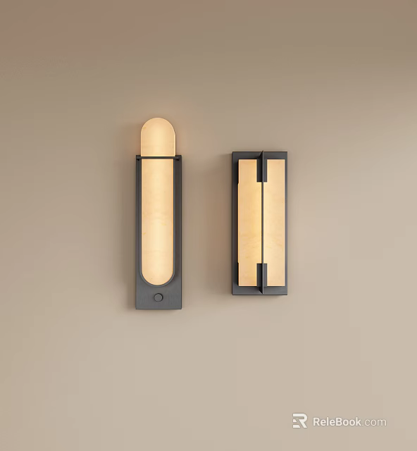 Two Modern Wall Sconces Different Designs Beige Shades Black Frames Mounted On Light Brown Wall 3d model