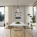 Modern Living Dining Room Interior Design With Light Sofa Black Coffee Table And Greenery View