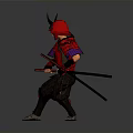 Traditional Japanese Samurai Swords Wielded by Warrior in Red Armor With Horned Helmet and Dual Blades