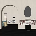 Modern Textured Bathroom Interior With Arched Entrance Oval Mirror Marble Countertop And Double Sinks