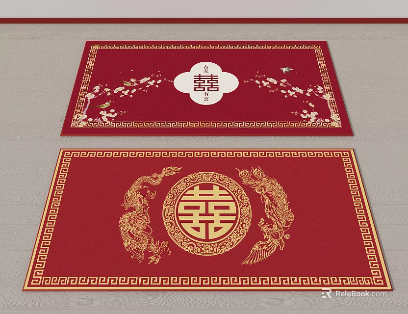 Red Square Carpet With Traditional Chinese Dragon Patterns And Double Happiness Symbol For Wedding Decor 3d model 