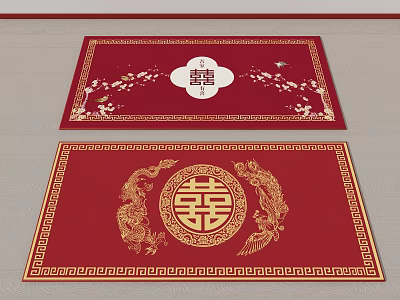 Red Square Carpet With Traditional Chinese Dragon Patterns And Double Happiness Symbol For Wedding Decor 3d model