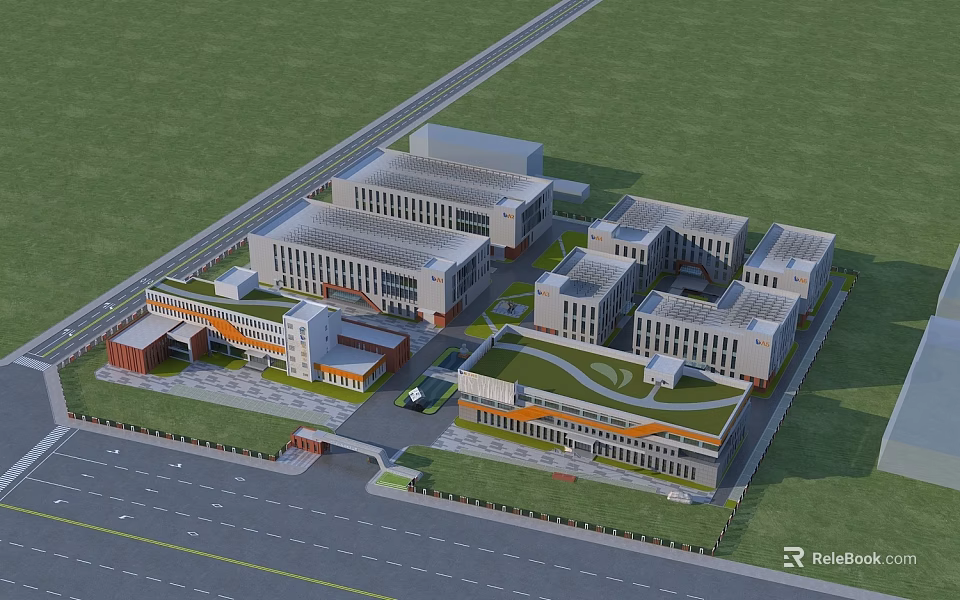 Modern Industrial Factory Complex With Multiple Buildings Green Areas And Parking Spaces 3d model 